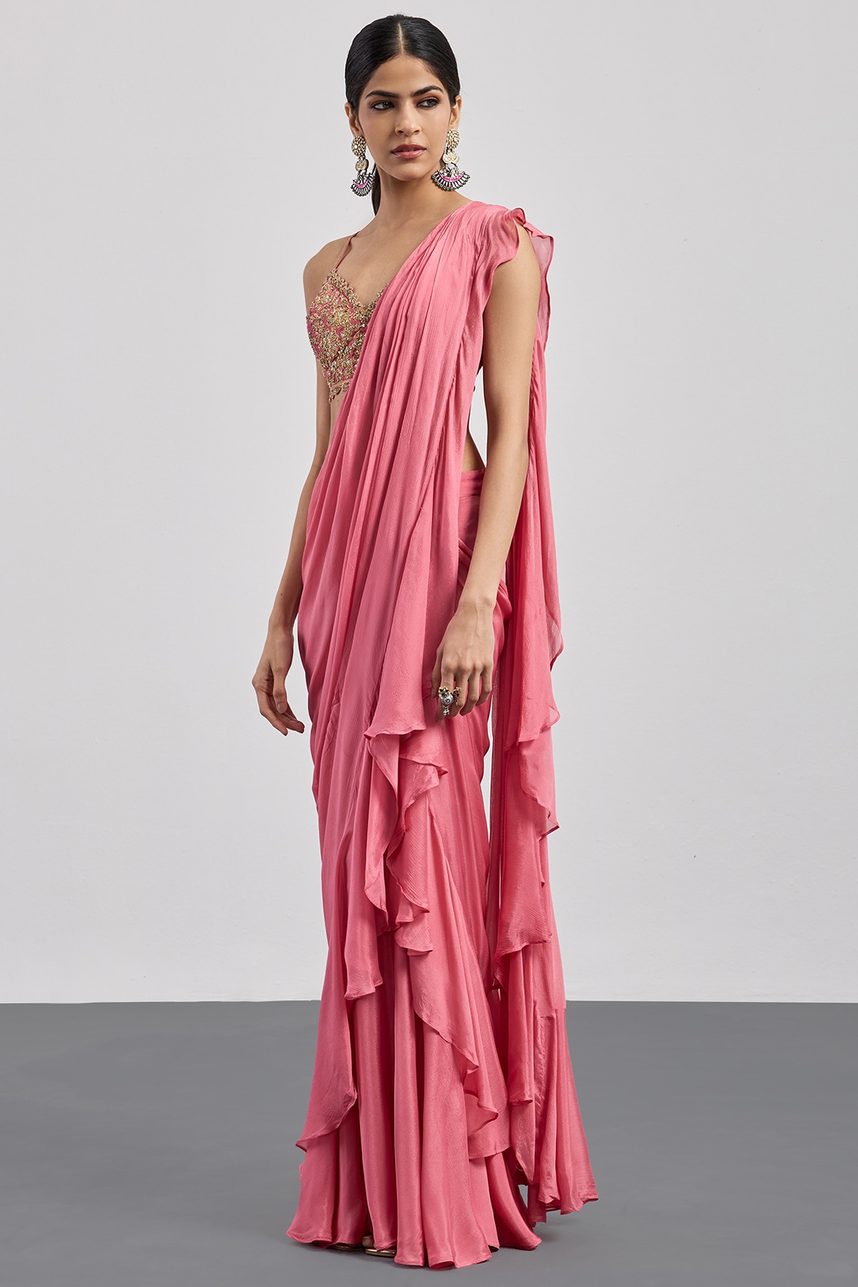 Ri Ritu Kumar Rose Pink Viscose Draped Saree