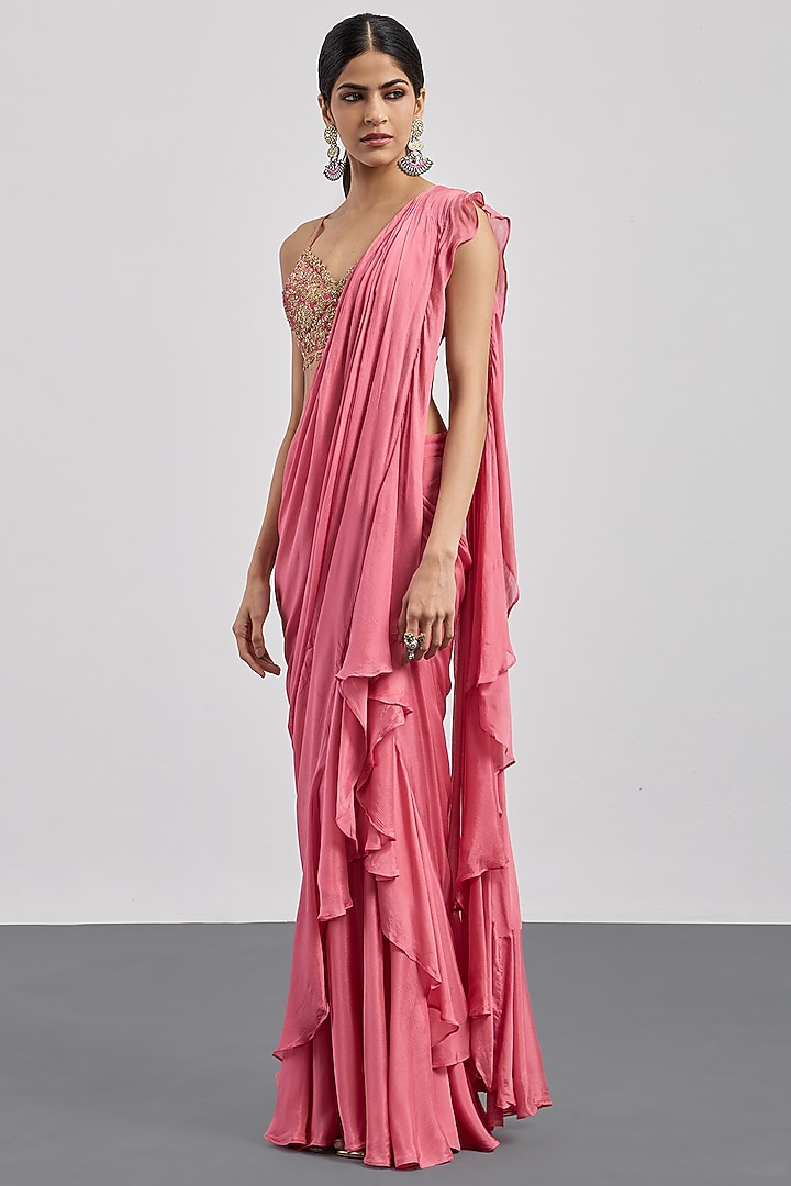 Rose Pink Viscose Draped Wedding Saree by Ri Ritu Kumar at Pernia's Pop Up Shop