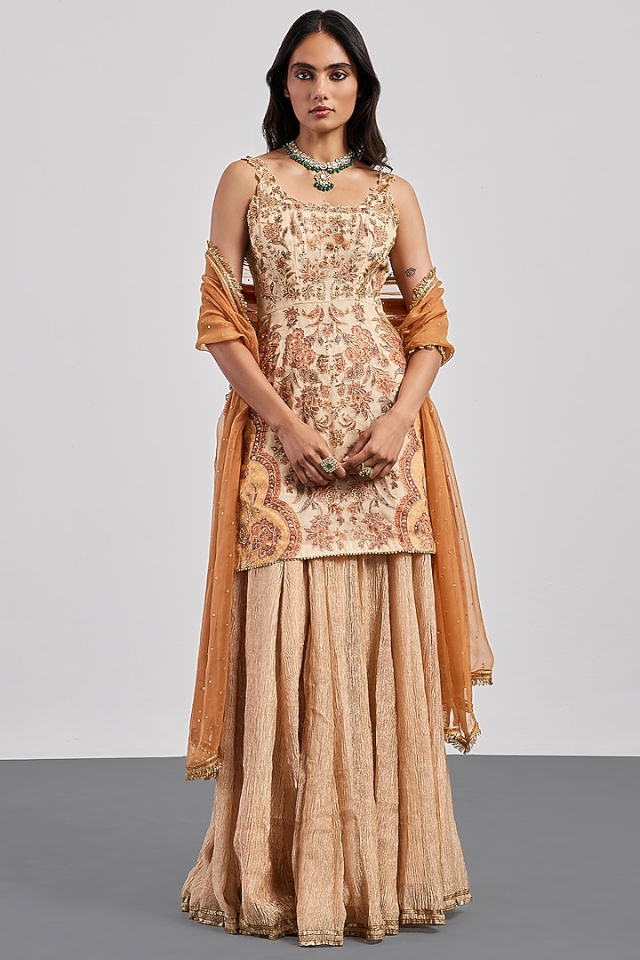 Beige Crushed Tissue Skirt Set by Ri Ritu Kumar at Pernia's Pop Up Shop