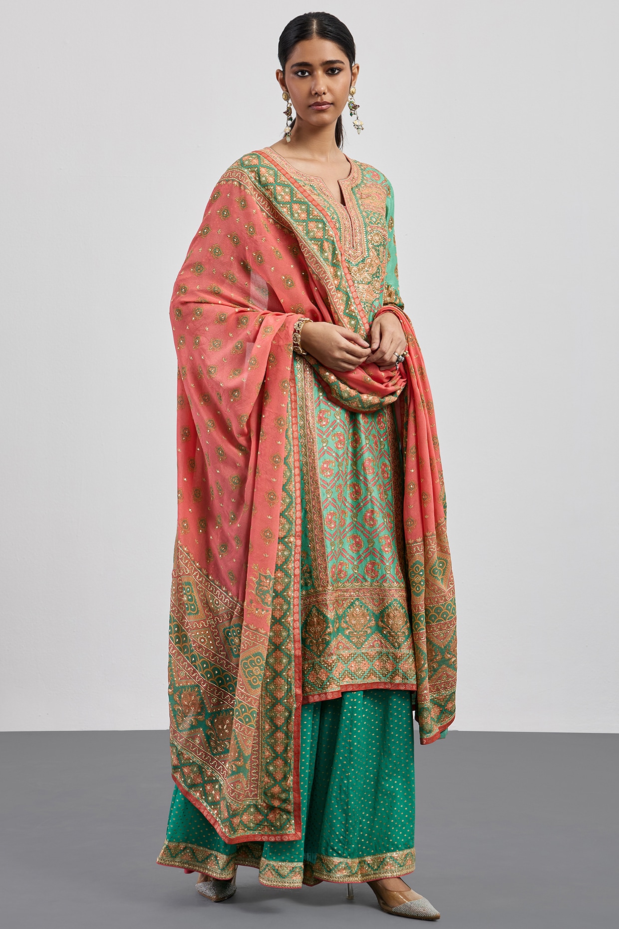 Ri Ritu Kumar Aqua Blue Flat Dupion Embroidered Kurta Set