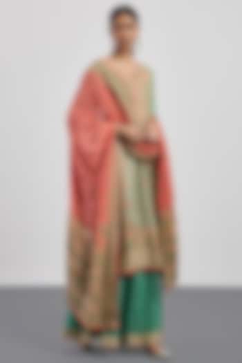 Aqua Blue Flat Dupion Embroidered Kurta Set by Ri Ritu Kumar at Pernia's Pop Up Shop