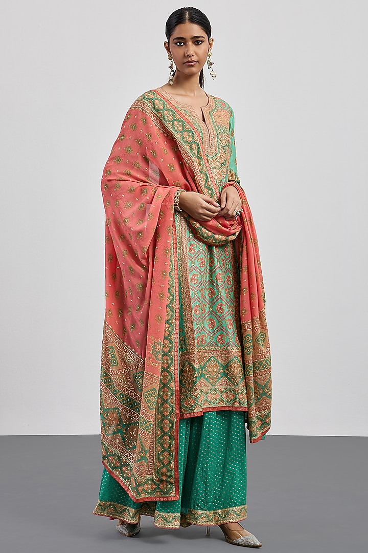 Aqua Blue Flat Dupion Embroidered Kurta Set by Ri Ritu Kumar at Pernia's Pop Up Shop