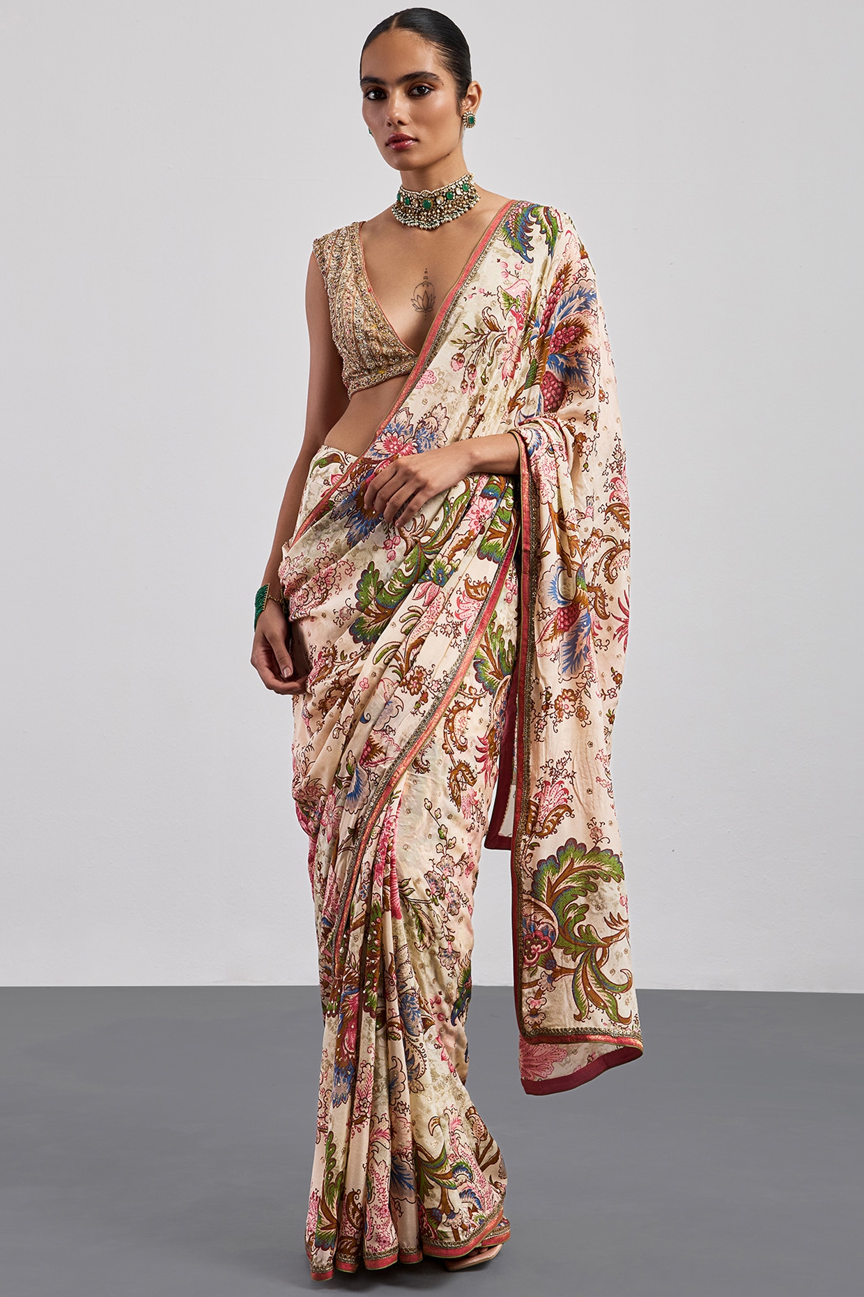 Ri Ritu Kumar Beige Viscose Chinon Printed & Embroidered Saree Set