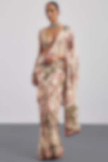 Beige Viscose Chinon Printed & Embroidered Wedding Saree Set by Ri Ritu Kumar at Pernia's Pop Up Shop