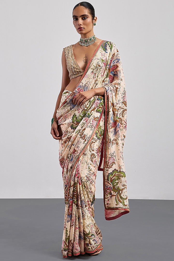 Beige Viscose Chinon Printed & Embroidered Wedding Saree Set by Ri Ritu Kumar at Pernia's Pop Up Shop