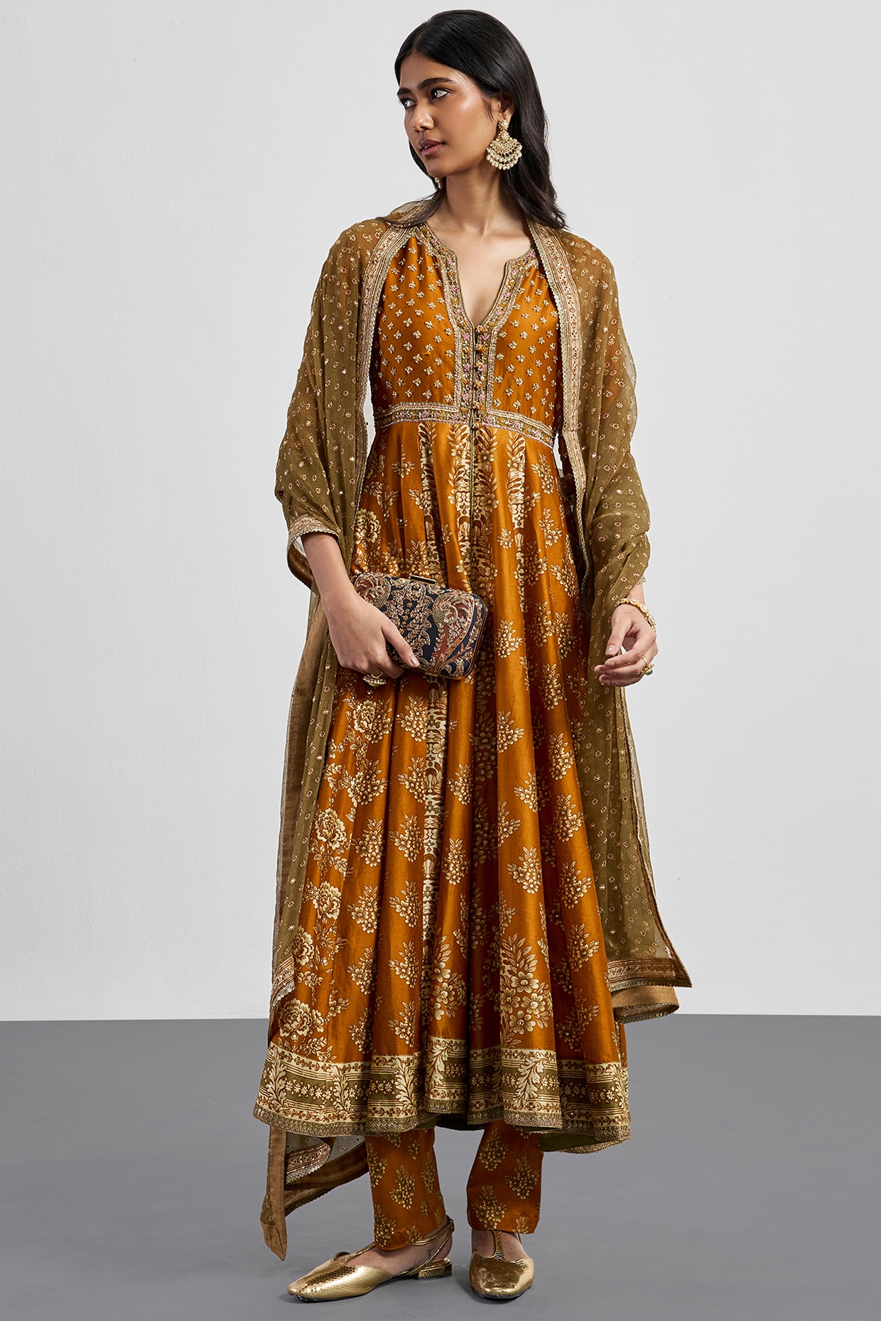 Ri Ritu Kumar Mustard Silk Chanderi Printed Kurta Set