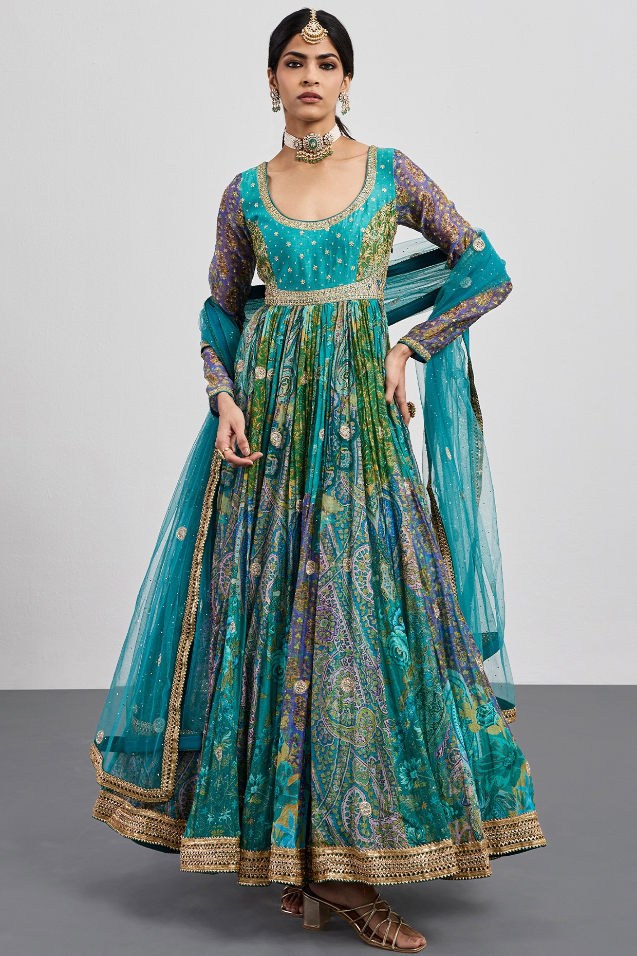 Ri Ritu Kumar Turquoise Silk Chanderi Printed & Embroidered Kurta Set