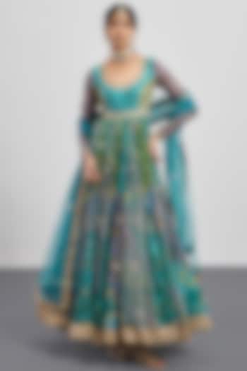 Turquoise Silk Chanderi Printed & Embroidered Kurta Set by Ri Ritu Kumar at Pernia's Pop Up Shop