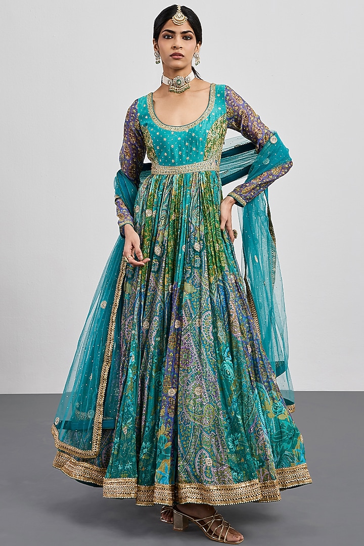 Turquoise Silk Chanderi Printed & Embroidered Kurta Set by Ri Ritu Kumar at Pernia's Pop Up Shop