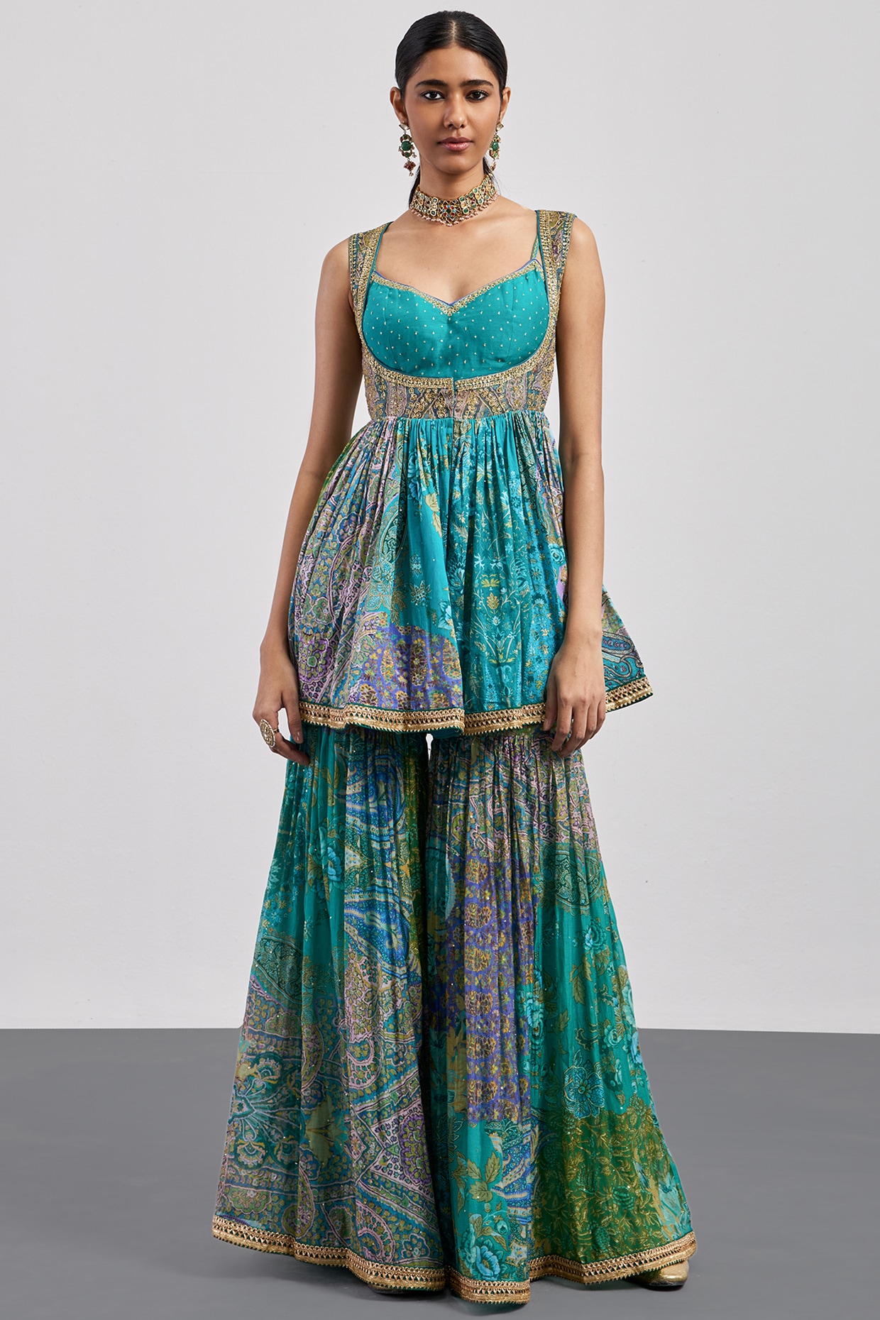 Ri Ritu Kumar Turquoise Silk Chanderi Gharara Set