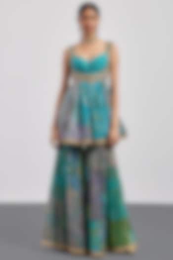 Turquoise Silk Chanderi Gharara Set by Ri Ritu Kumar at Pernia's Pop Up Shop