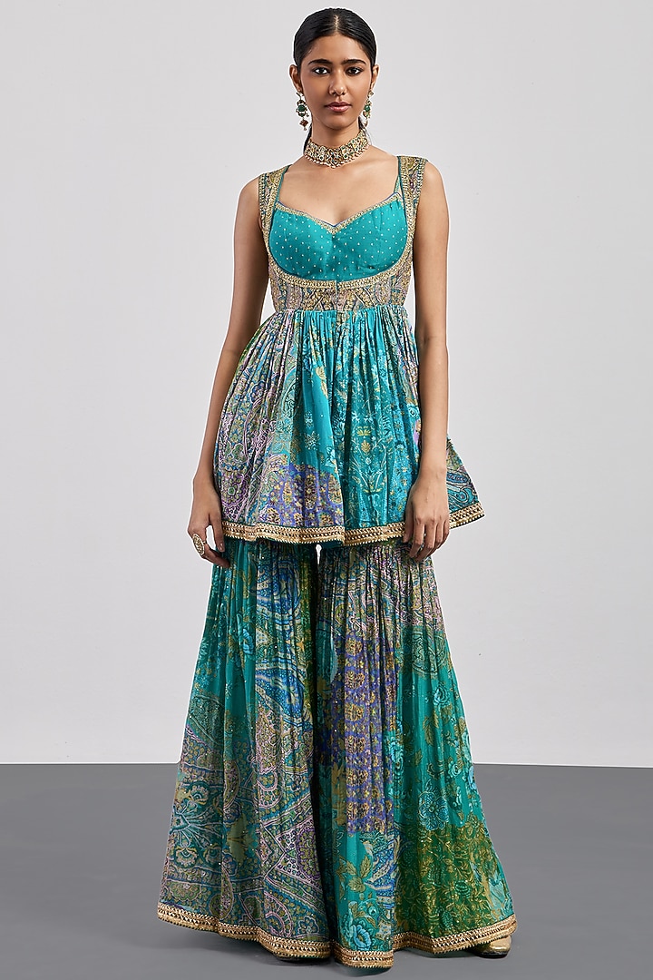 Turquoise Silk Chanderi Gharara Set by Ri Ritu Kumar at Pernia's Pop Up Shop