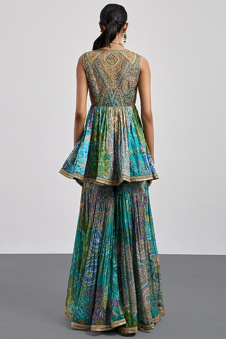 Turquoise Silk Chanderi Gharara Set by Ri Ritu Kumar at Pernia's Pop Up Shop