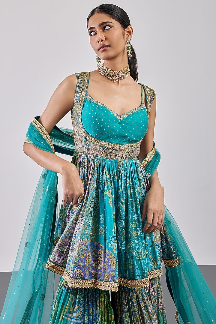 Turquoise Silk Chanderi Gharara Set by Ri Ritu Kumar at Pernia's Pop Up Shop