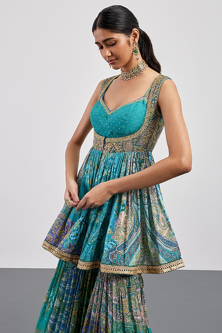 Turquoise Silk Chanderi Gharara Set by Ri Ritu Kumar at Pernia's Pop Up Shop