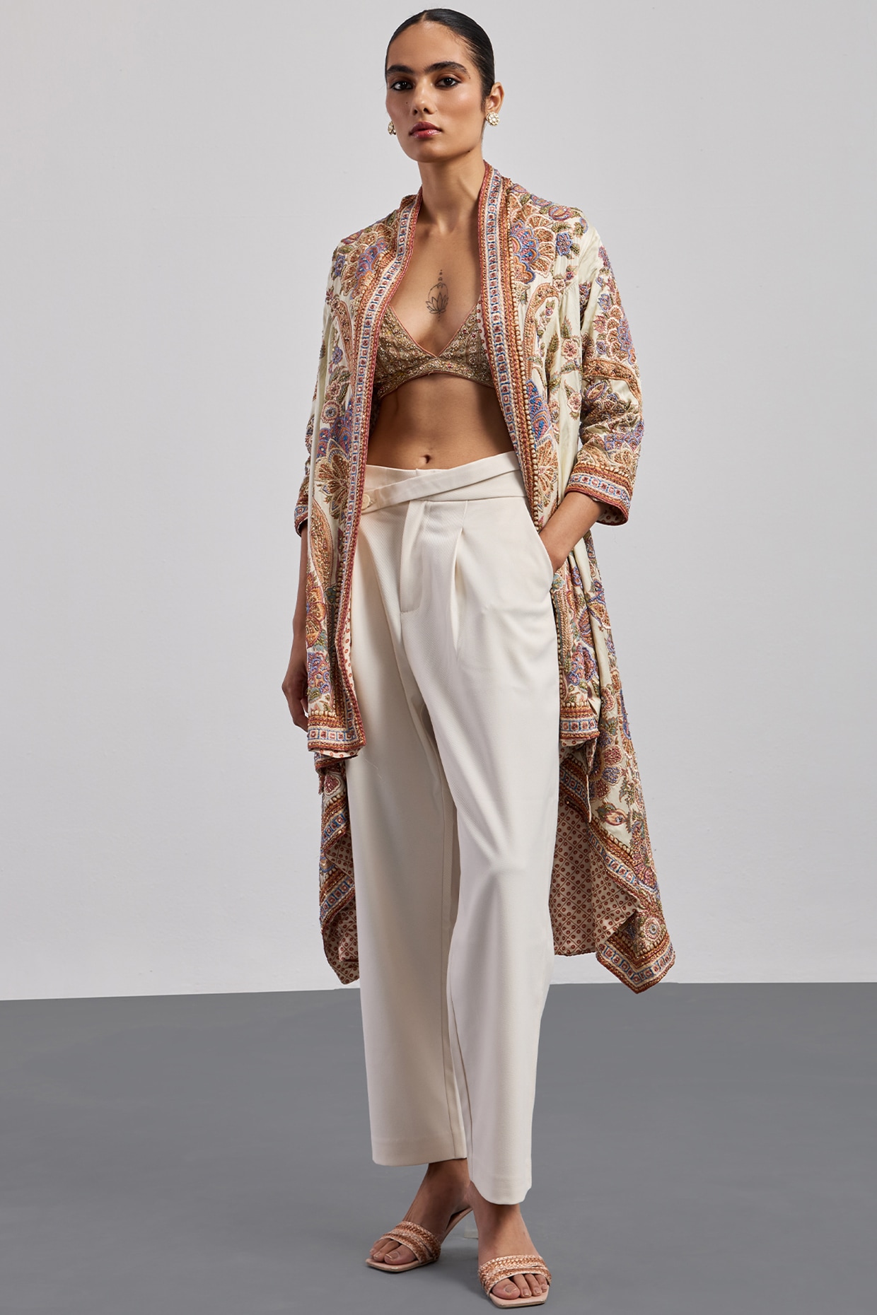 Ri Ritu Kumar Ecru Silk Satin Printed Jacket