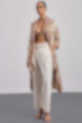 Ecru Silk Satin Printed Jacket by Ri Ritu Kumar at Pernia's Pop Up Shop