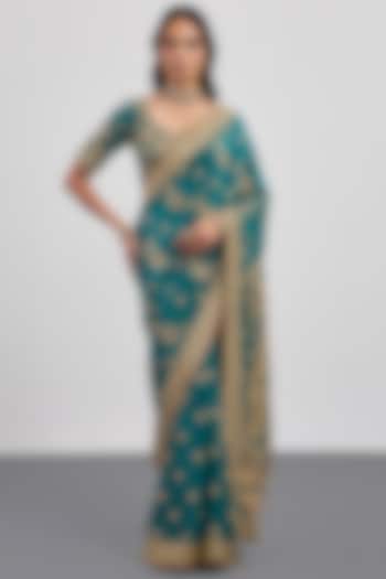Green Silk Crepe Embroidered Bridal Saree Set by Ri Ritu Kumar at Pernia's Pop Up Shop