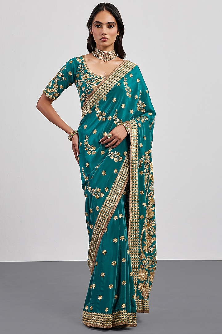 Green Silk Crepe Embroidered Bridal Saree Set by Ri Ritu Kumar at Pernia's Pop Up Shop
