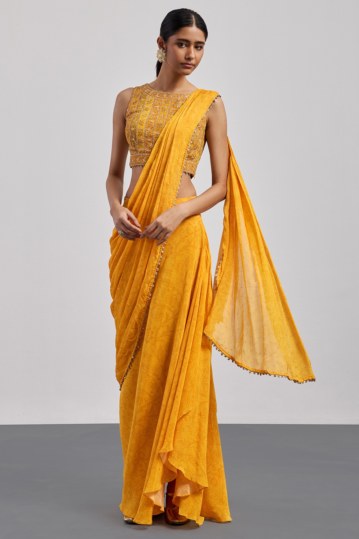 Ri Ritu Kumar Yellow Viscose Crepe Draped Saree Set