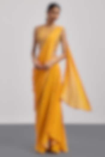 Yellow Viscose Crepe Draped Wedding Saree Set by Ri Ritu Kumar at Pernia's Pop Up Shop