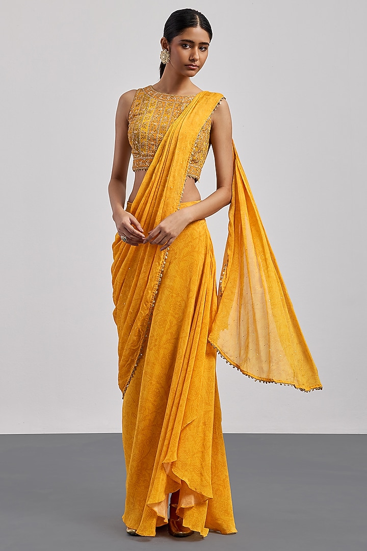 Yellow Viscose Crepe Draped Wedding Saree Set by Ri Ritu Kumar at Pernia's Pop Up Shop