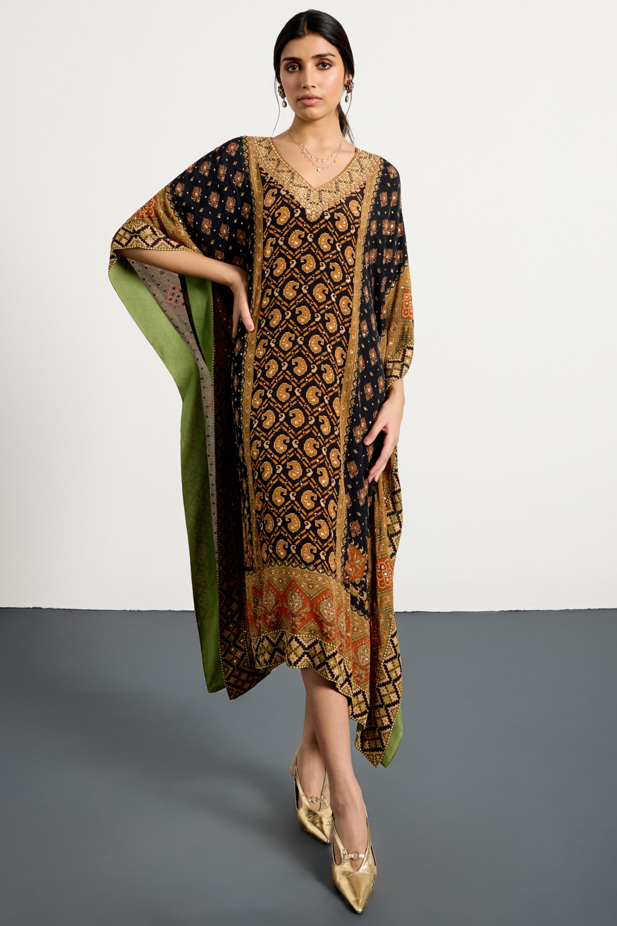 Ri Ritu Kumar Black Silk Satin Printed & Embroidered Kaftan