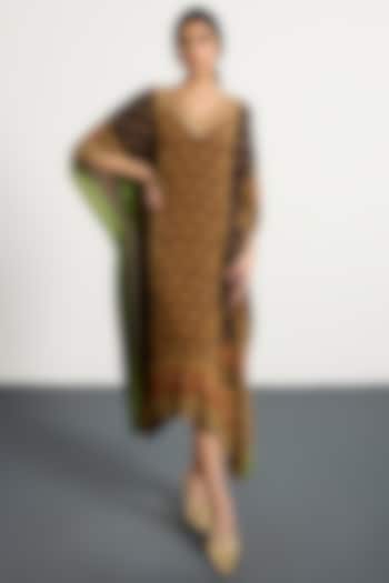 Black Silk Satin Printed & Embroidered Kaftan by Ri Ritu Kumar at Pernia's Pop Up Shop