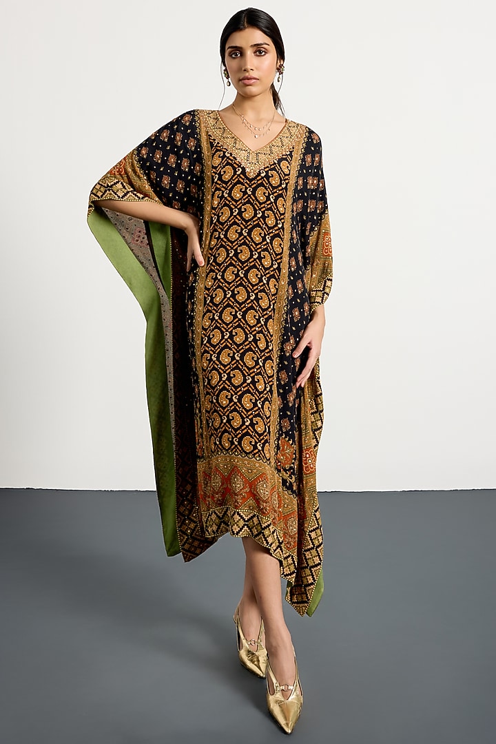 Black Silk Satin Printed & Embroidered Kaftan by Ri Ritu Kumar at Pernia's Pop Up Shop