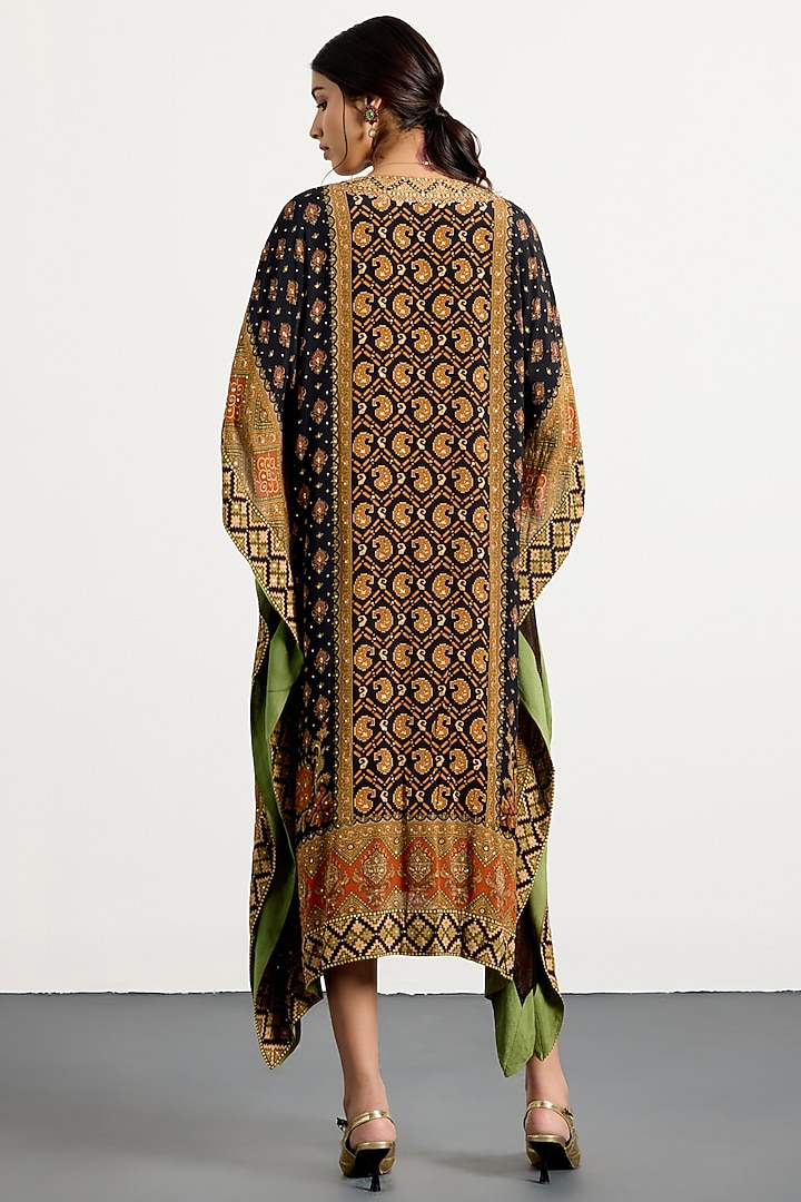 Black Silk Satin Printed & Embroidered Kaftan by Ri Ritu Kumar at Pernia's Pop Up Shop
