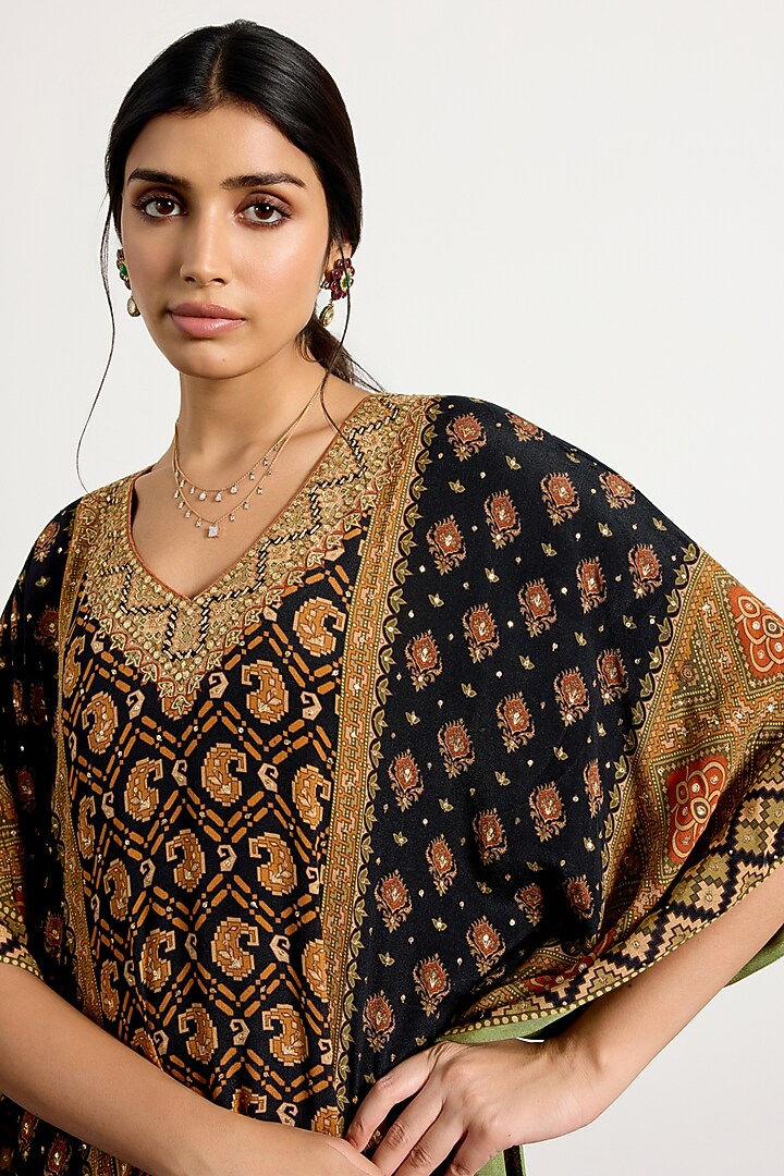 Black Silk Satin Printed & Embroidered Kaftan by Ri Ritu Kumar at Pernia's Pop Up Shop