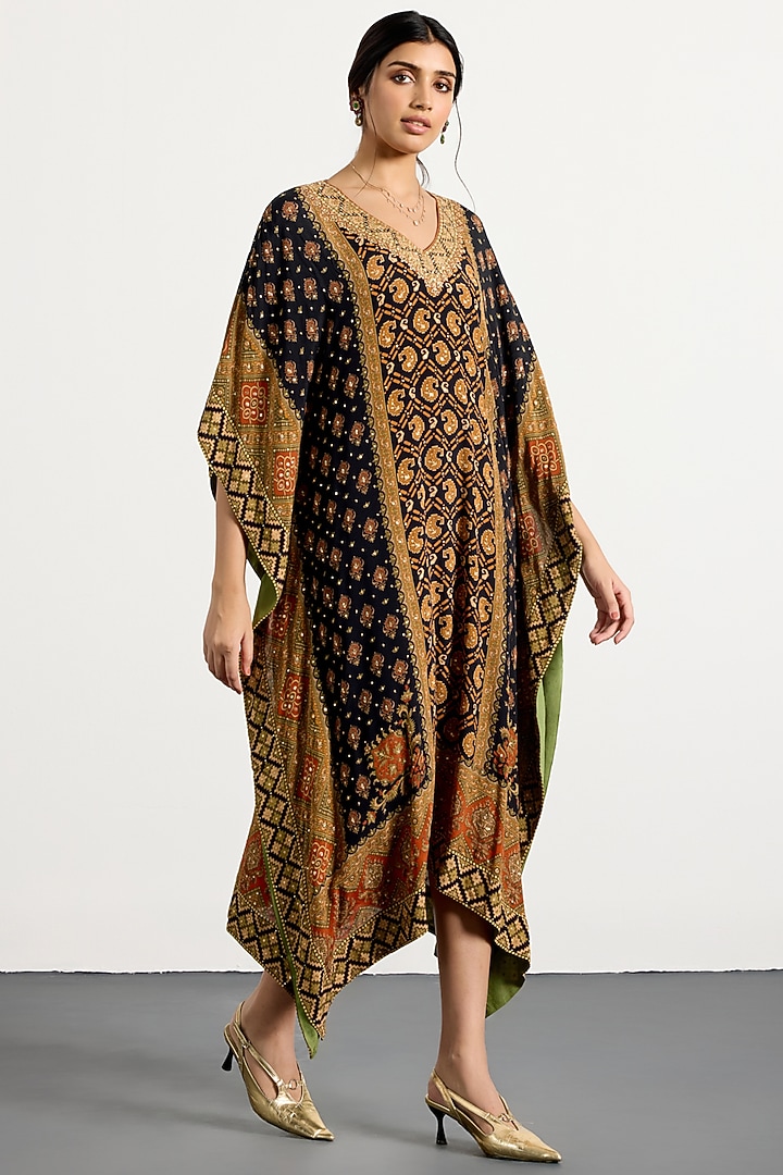 Black Silk Satin Printed & Embroidered Kaftan by Ri Ritu Kumar at Pernia's Pop Up Shop