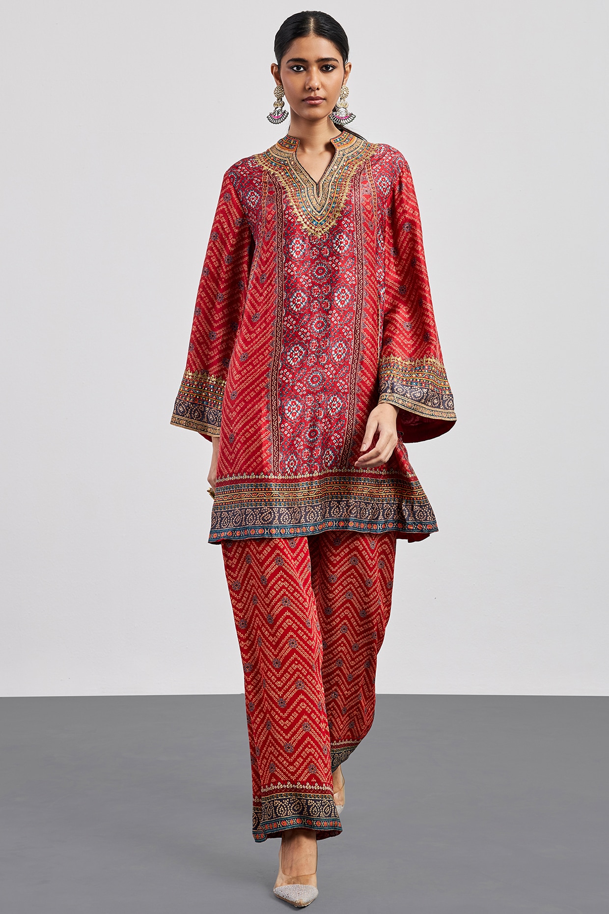 Ri Ritu Kumar Red Burgundy Murshidabad Silk Bandhani Printed Kurta Set