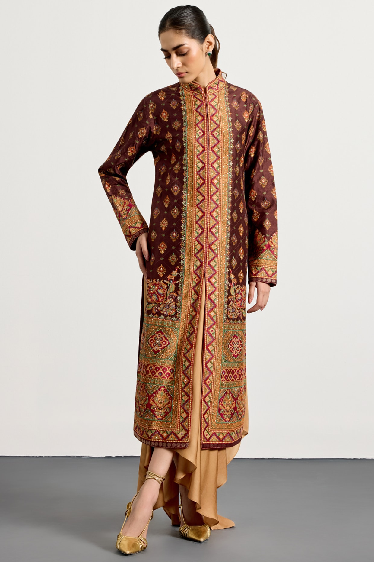 Ri Ritu Kumar Brown Flat Dupion Printed Jacket