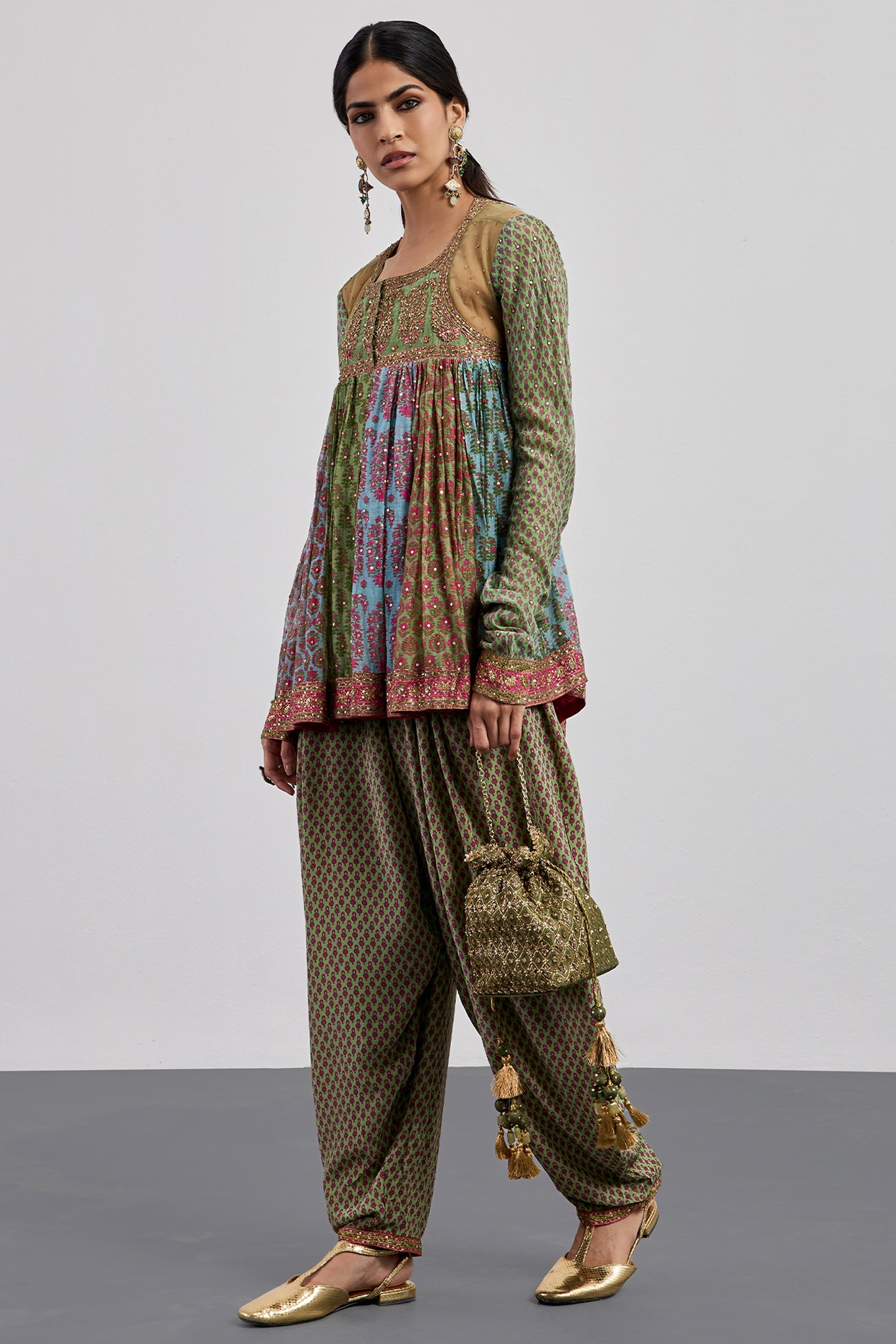 Ri Ritu Kumar Dusty Blue & Pink Silk Chanderi Printed Kurta Set