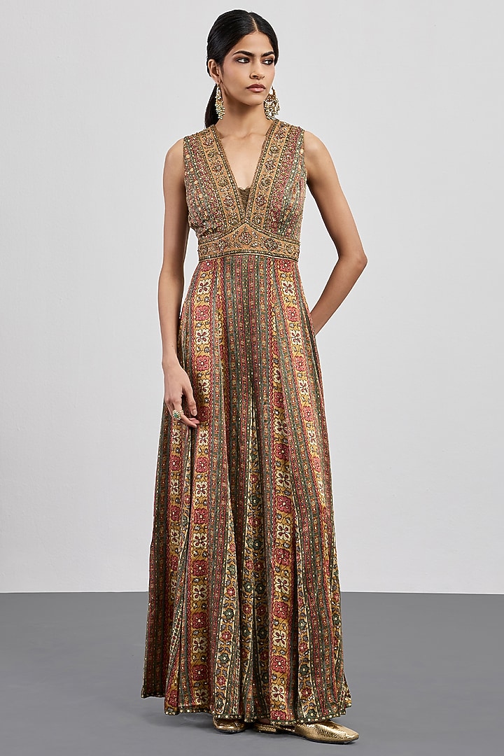 Khaki Pink Viscose Satin Printed Jumpsuit by Ri Ritu Kumar at Pernia's Pop Up Shop