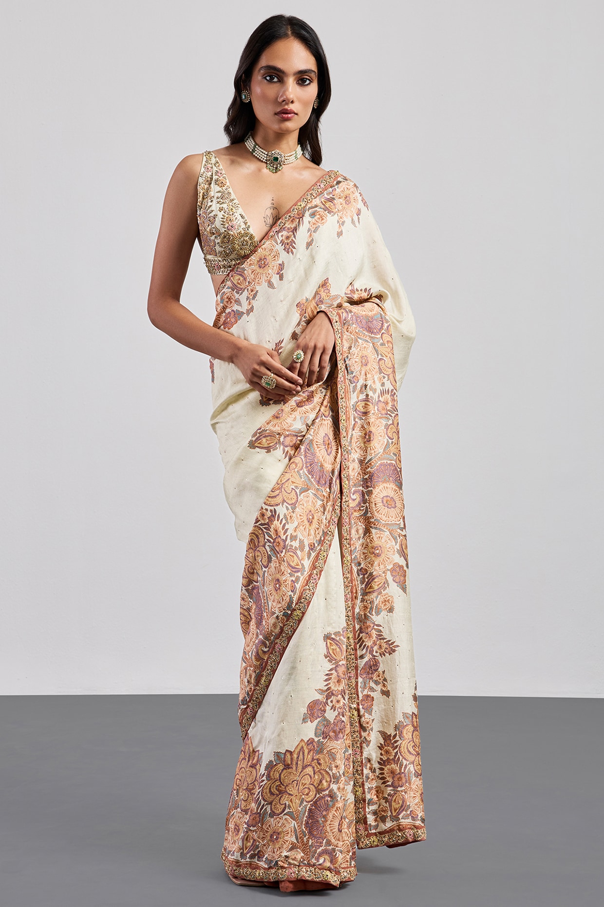 Ri Ritu Kumar Beige Murshidabad Silk Embroidered Saree Set