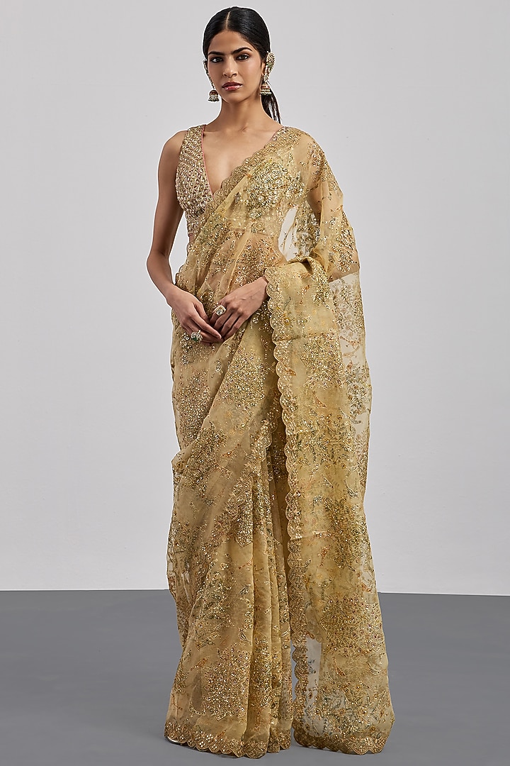 Beige Silk Organza Printed Bridal Saree Set by Ri Ritu Kumar at Pernia's Pop Up Shop