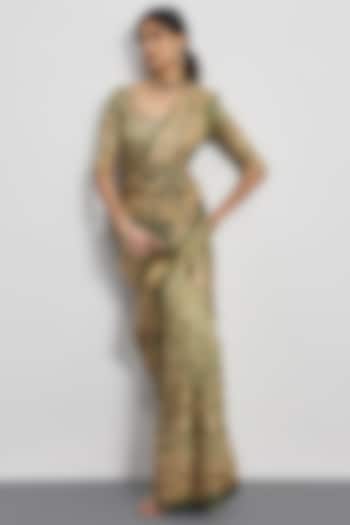 Khaki Green Silk Satin Embroidered Bridal Saree Set by Ri Ritu Kumar at Pernia's Pop Up Shop