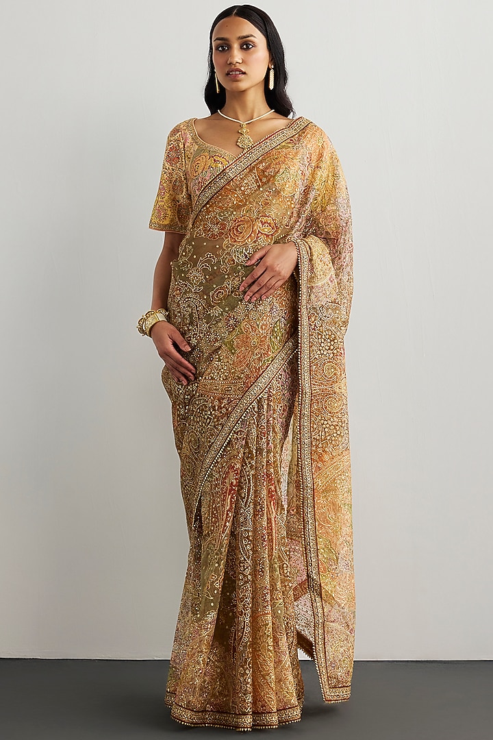 Peach Silk Satin Embroidered Bridal Saree Set by Ri Ritu Kumar at Pernia's Pop Up Shop