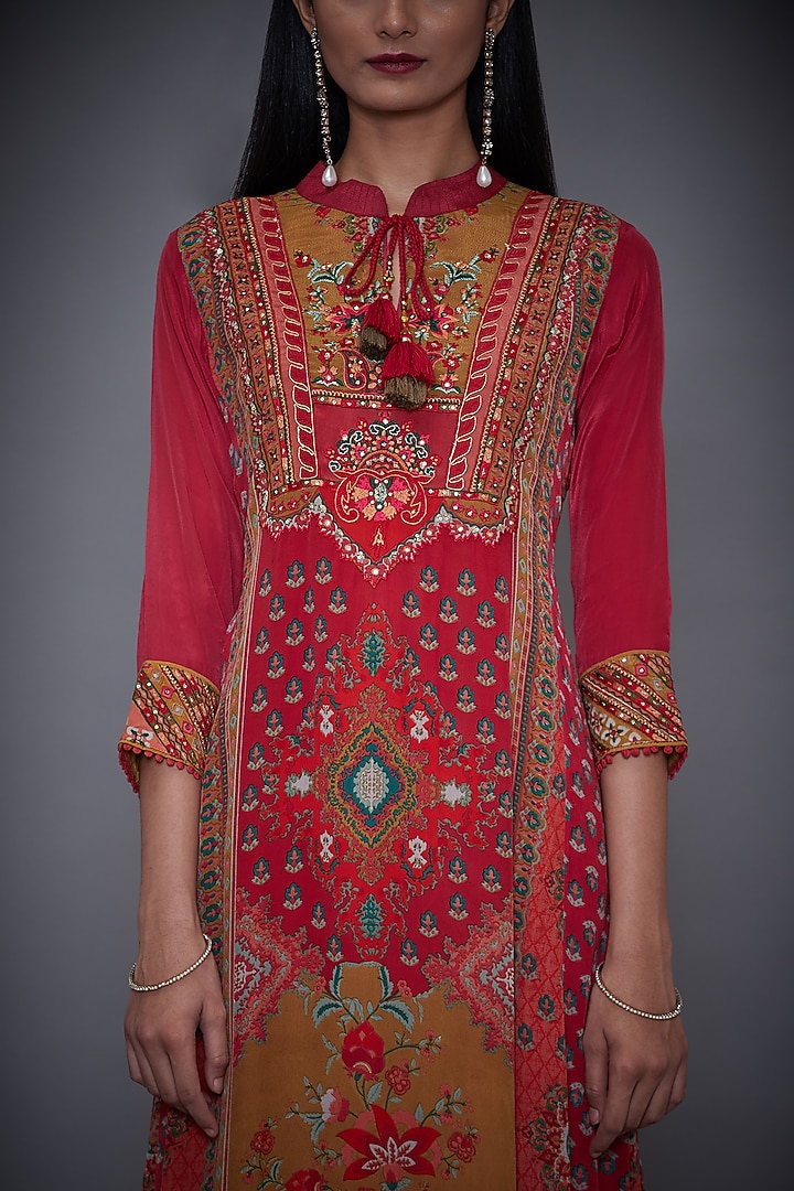 Red & Olive Green Embroidered Kurta Set by Ri Ritu Kumar at Pernia's Pop Up Shop