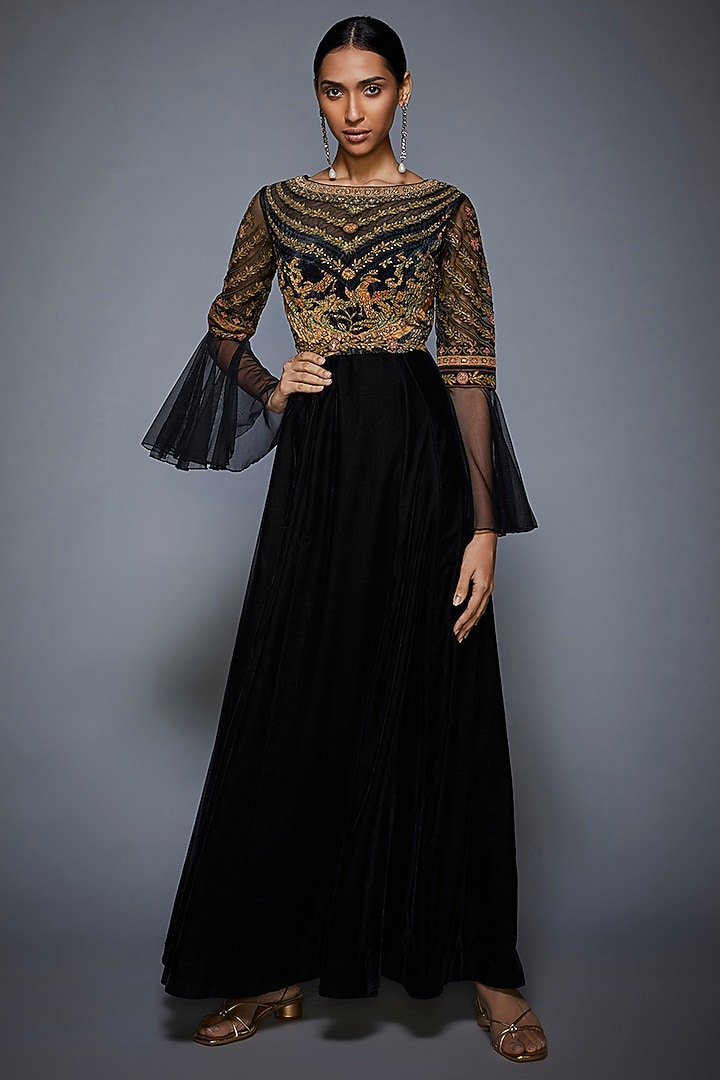 Black & Olive Green Embroidered Engagement Gown by Ri Ritu Kumar at Pernia's Pop Up Shop