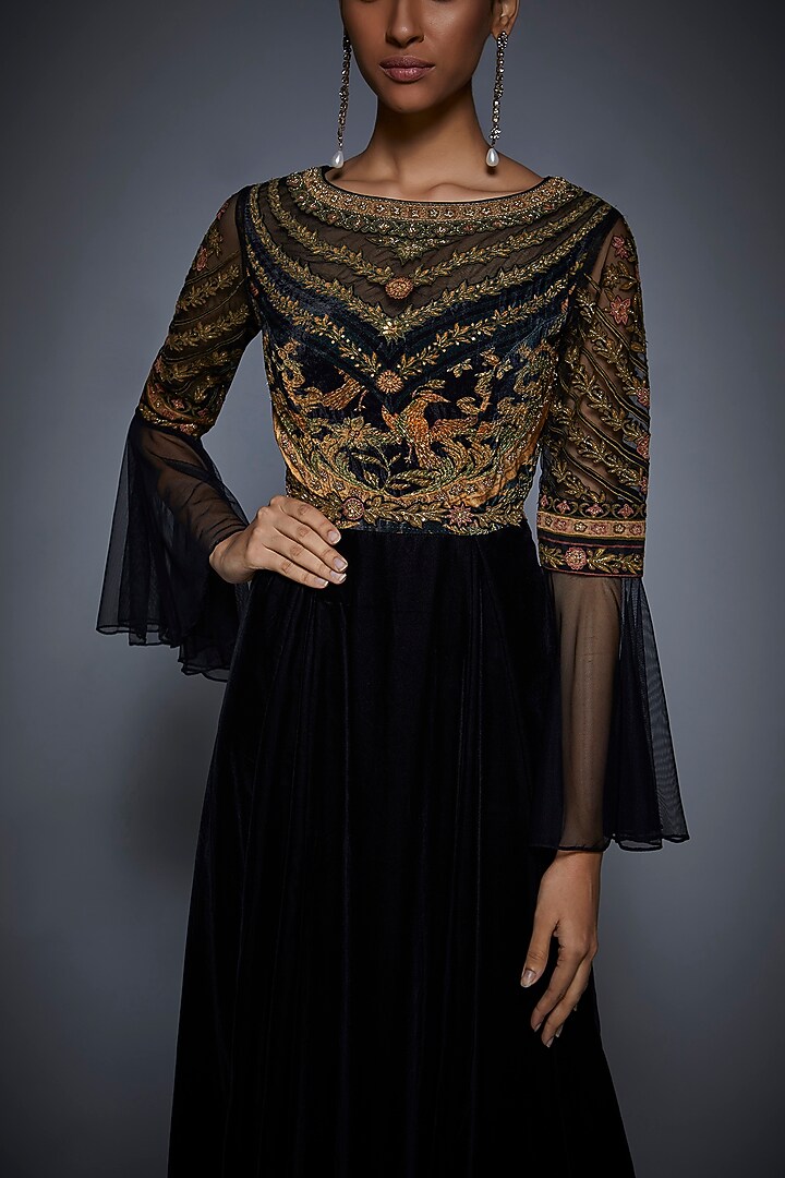 Black & Olive Green Embroidered Engagement Gown by Ri Ritu Kumar at Pernia's Pop Up Shop