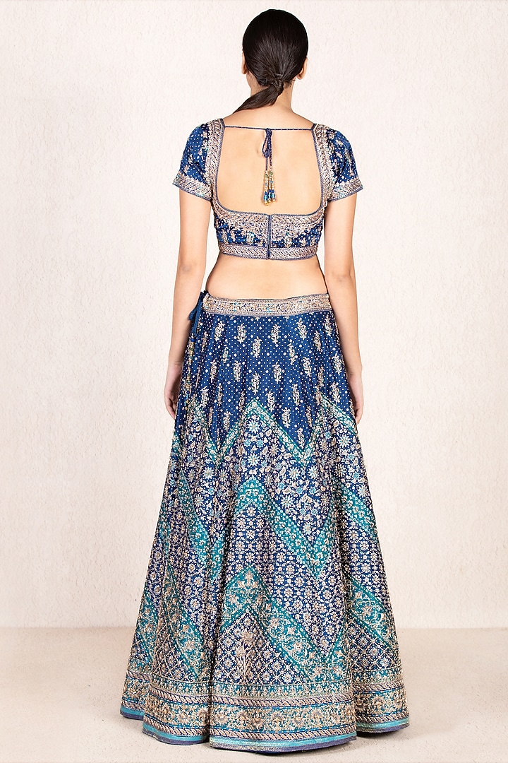 Royal Blue & Turquoise Floral Embroidered Bridal Lehenga Set by Ri Ritu Kumar at Pernia's Pop Up Shop
