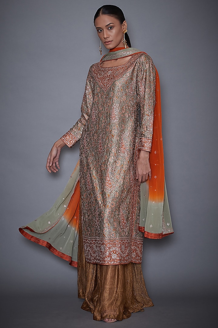 Khaki Rust Hand Embroidered Kurta Set by Ri Ritu Kumar at Pernia's Pop Up Shop