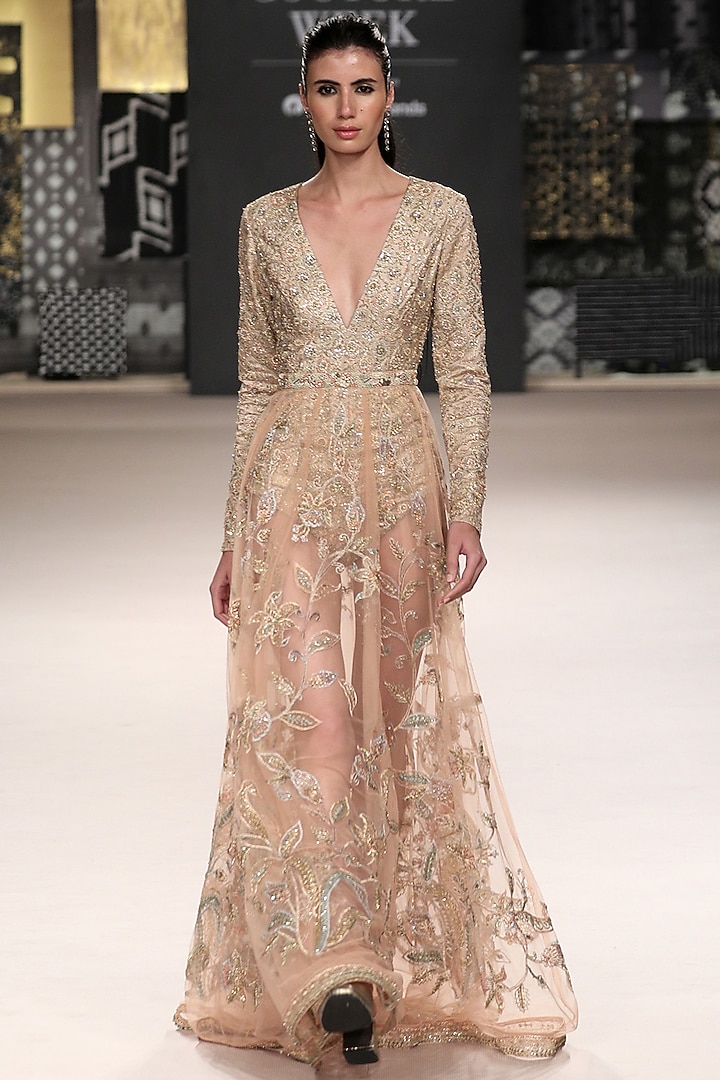 Beige Silk & Nylon Bridal Gown by Ri Ritu Kumar at Pernia's Pop Up Shop