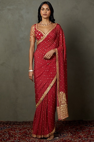 Cranberry Pink Silk Chinon Printed & Embroidered Saree Set by Ri Ritu Kumar