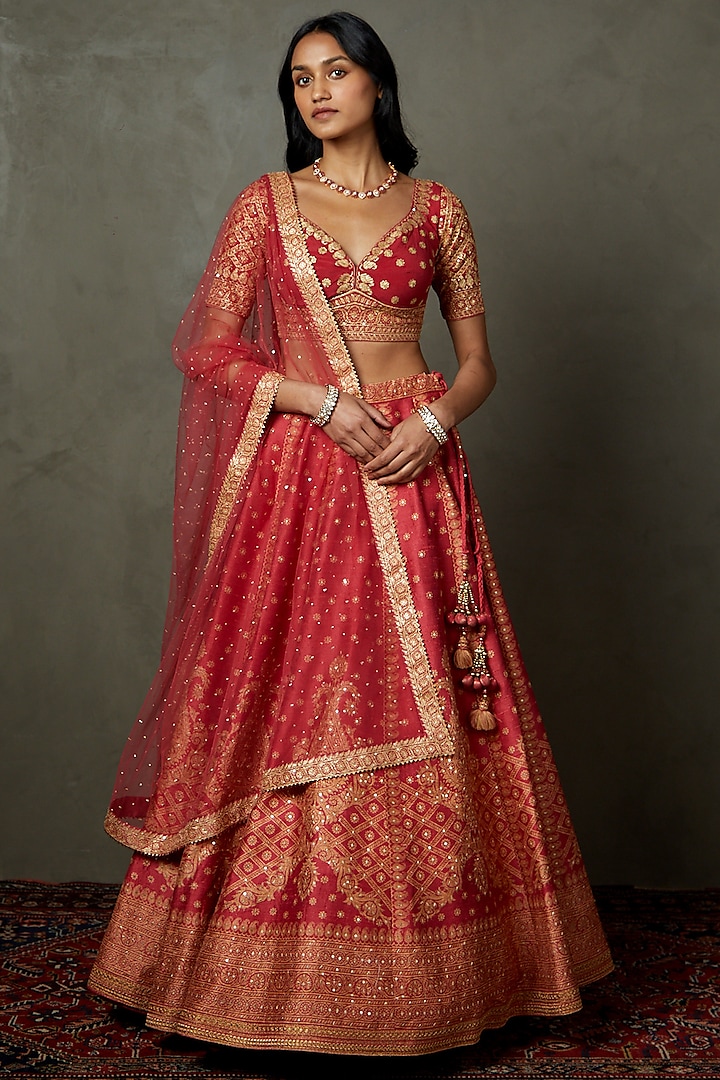 Cranberry Pink Silk Printed & Embroidered Bridal lehenga for 22 Lehenga Set by Ri Ritu Kumar at Pernia's Pop Up Shop
