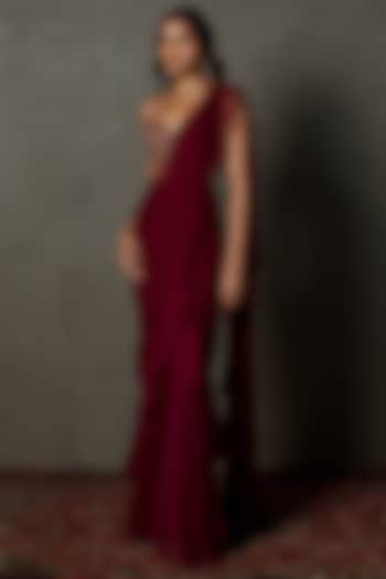 Wine Viscose Chinon Embroidered Wedding Saree Set by Ri Ritu Kumar at Pernia's Pop Up Shop