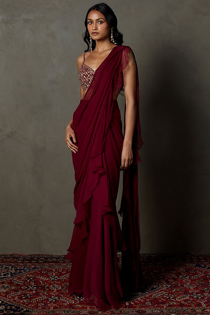 Wine Viscose Chinon Embroidered Wedding Saree Set by Ri Ritu Kumar at Pernia's Pop Up Shop
